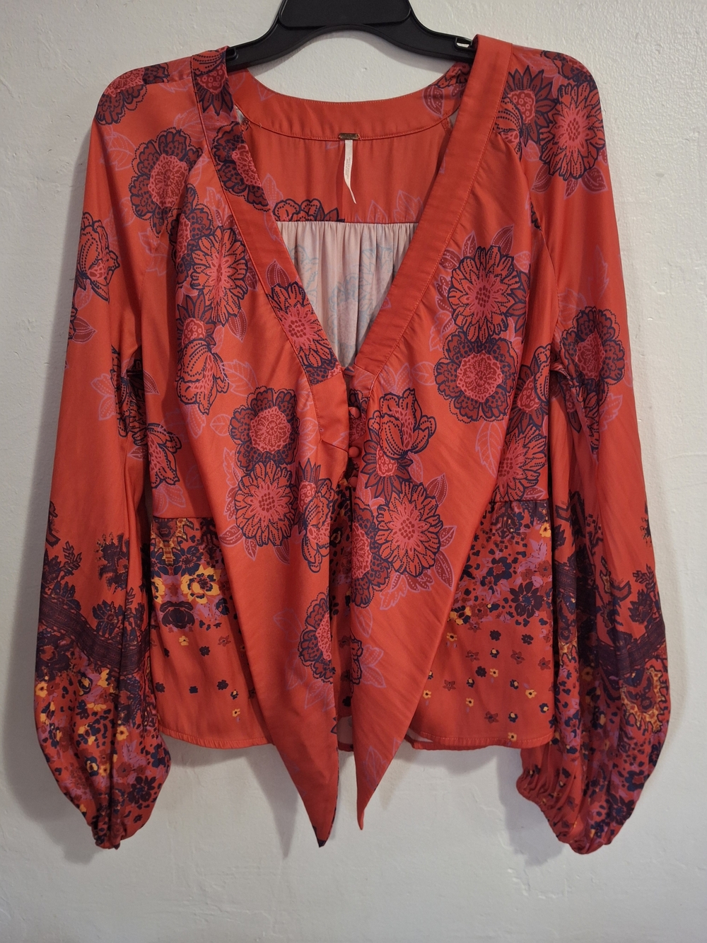 Free People Coral Floral Wrap Blouse Size M.